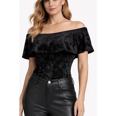 Gaze USA Blk Velvet Off Shoulder Bodysuit Womens Small Crushed Velour Ruffle Top