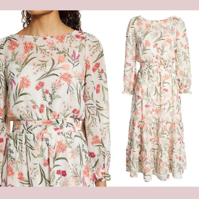 NWT $168 Eliza J [ 2 ] Floral Long Sleeve Tiered Midi Dress White Pink  U1188 | eBay