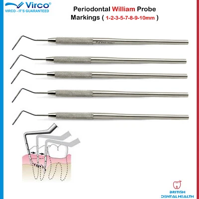 VIRCO UK 5X Periodontal Perio Williams Probes Pocket Depth Probe Dental Stainles Steel