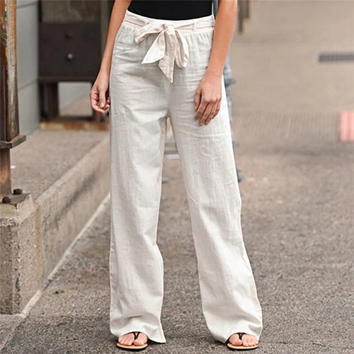 Pantaloni da donna in lino e cotone elasticizzati larghi gamba larga - Foto 9 di 24
