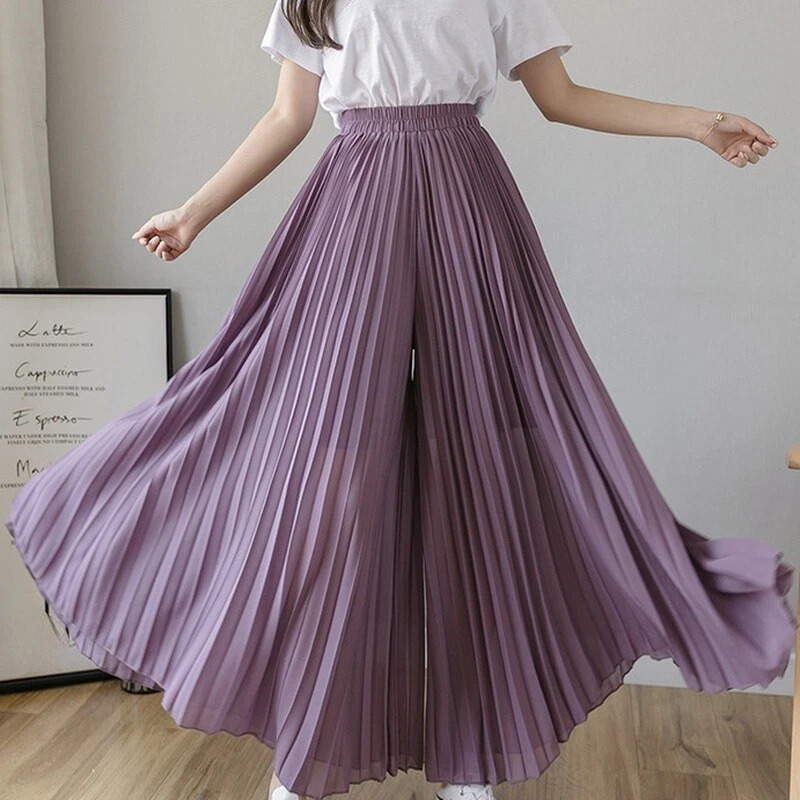 Ladies Chiffon Pleated Culottes Wide Leg Cropped Pants Elastic Waist Trousers - Image 4 of 4
