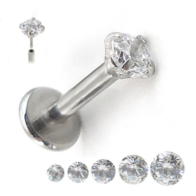 Pendientes de acero inoxidable con respaldo plano de circonita cúbica sin hilo - 16 g 18 g anillo de nariz de labret Foto 2 de 3