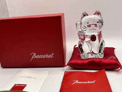 Baccarat Maneki Neko Lucky Beckoning Fortune Cat Red Octagon Crystal w/ Box
