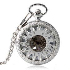 Silver Hollow Sunflower Cover Unisex Automatic Mechanical Pendant Pocket Watch