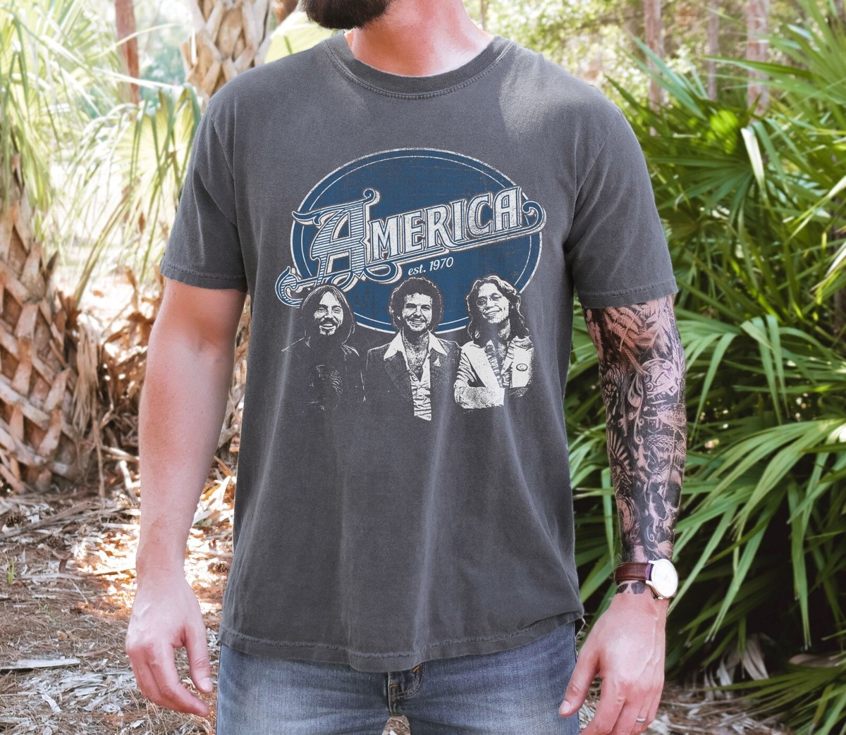 America Est. 1970 T-Shirt Rock Band on Vintage Black Comfort