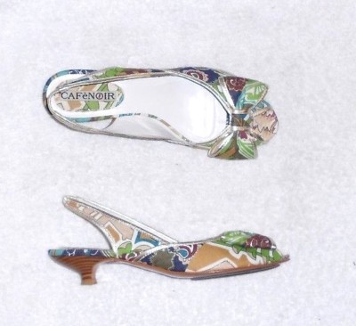 Sandales Escarpins CAFE NOIR En Toile Multicolore Avec Liseré Cuir Doré - Pointure 38, état Impeccable