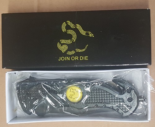 Taktisches Messer schwarz 4" Join or Die EMT Rescue klappbar Gürtelschneider Glasbrecher - Bild 1 von 10