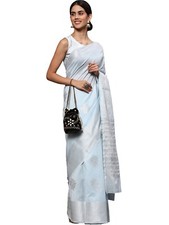 Women's Linen Tissue Silk Silver Zari Floral Motifs Jacquard Banarasi Saree