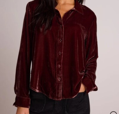 Bella Dahl Velvet Silk Long Sleeve Clean Shirt In Aubergine Size Med Corduroy
