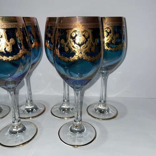 Rare! Set Of 6! MCM Murano Italian Blue W Gold Accents Wine Glasses - Picture 5 of 15