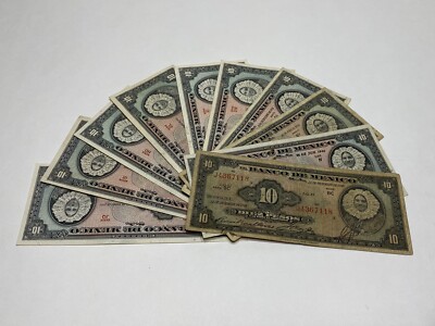 1940-1961 MEXICO NOTES LOT OF (10) $10 PESOS ABNC TEHUANA SERIE MIX CIRCULATED