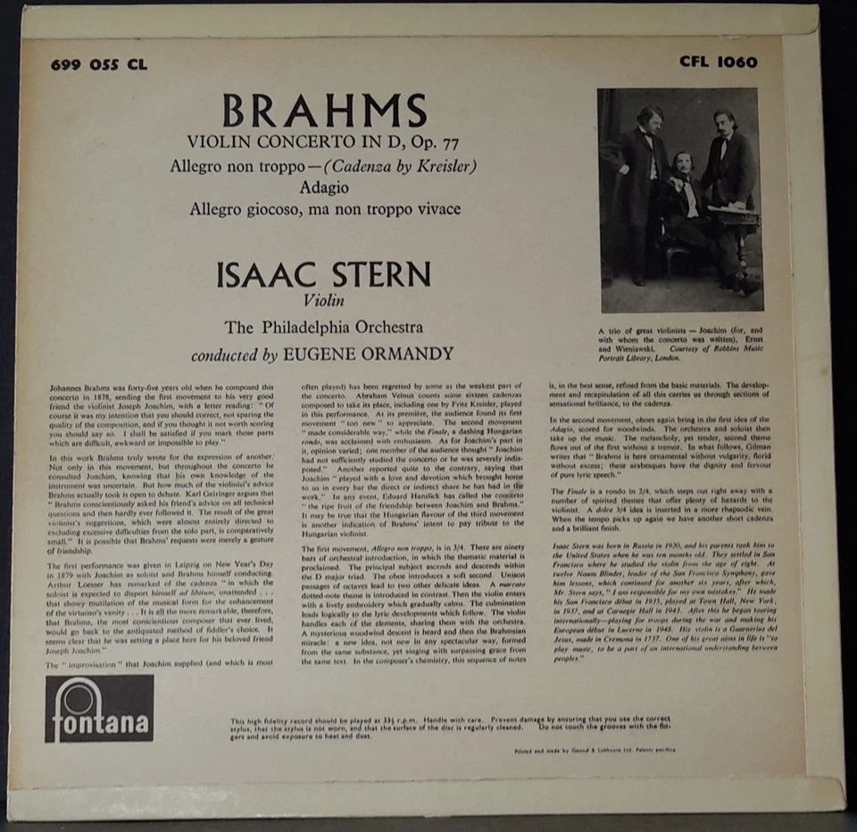 FONTANA 699 055 CL (CFL 1060) ED 1 UK 1960 BRAHMS VIOLIN CONCERTO STERN ORMANDY - Image 2 of 3
