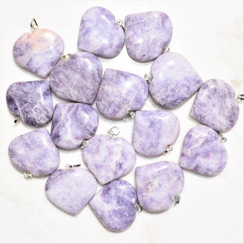 Soothing Lilac Lepidolite Crystal Heart Pendant + 20" Stainless Steel Chain - Picture 3 of 8