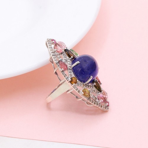 14k Bañado en Oro Blanco Tanzanita Y Multicolor Turmalina Diamante Cóctel Anillo - Imagen 5 de 5