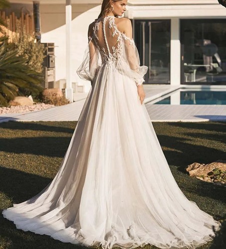 Unforgettable Lace Bridal Gown Wedding Dress Bishop Sleeves 2-28W Choker - Picture 2 of 4