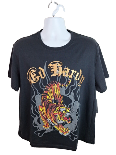 Ed Hardy Crawling Tiger Rhinestones Logo Black T Shirt Size XL