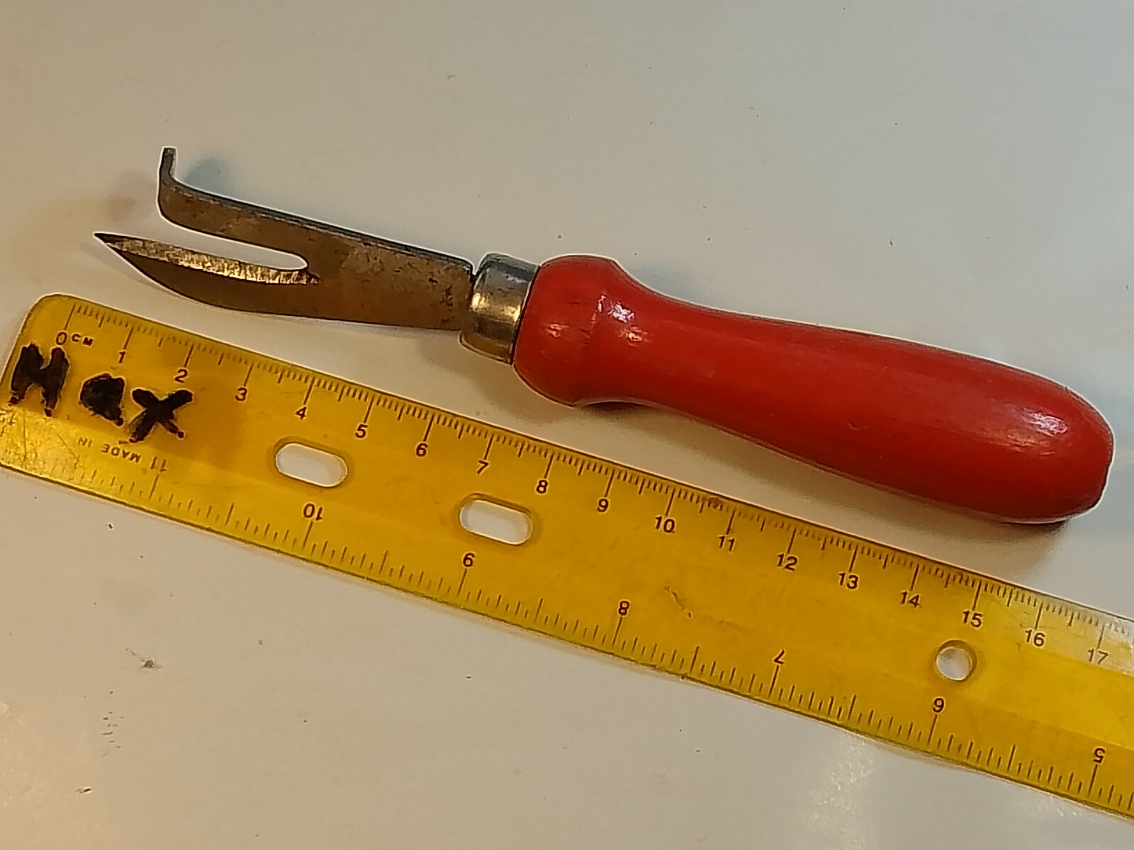 Vintage CAN OPENER Tool Metal & red Wooden  handle OLD SERBIA home decor-image
