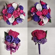 Fuchsia Purple Rose Calla Lily Bridal Wedding Bouquet Accessories