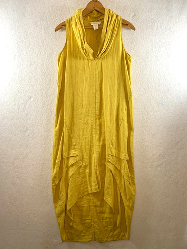 Womens Linen Blend Maxi Dress Sz XS Mustard Artsy Lagenlook Coastal Shawl Collar