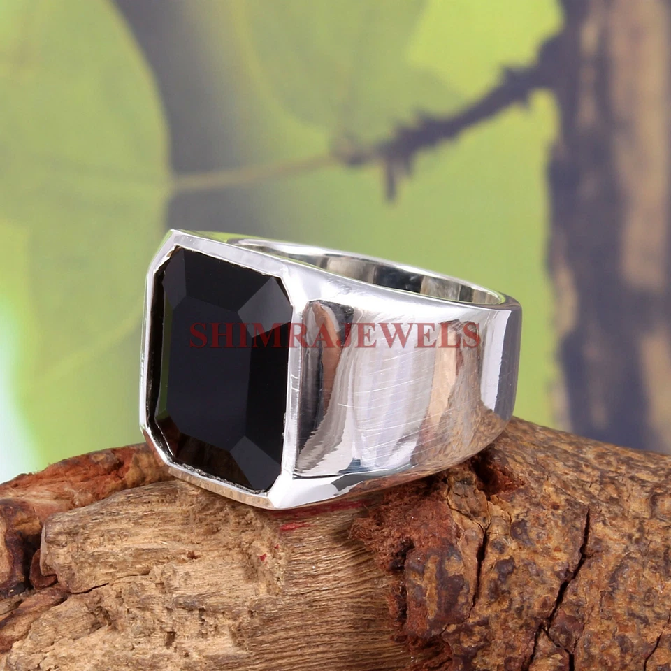 Natürlich Schwarzer Onyx Edelstein Mit 18K Weiß Vergoldet Silberring für Männer - Bild 3 von 3