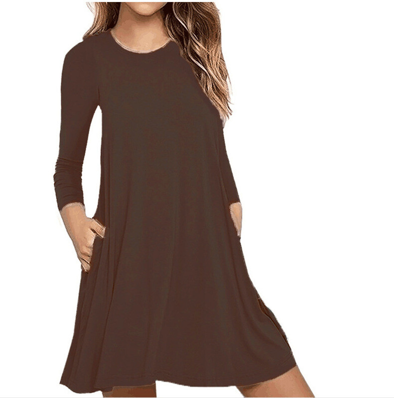 Womens Long Sleeve Pocket Casual Loose T-Shirt Dresses Solid Swing Tunic  Dress | eBay