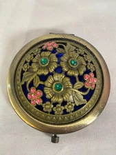Vintage Brass Dual Mirror Compact Floral Jeweled Top with Blue back round