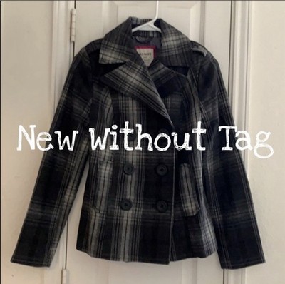 NWOT Old Navy Black Grey Plaid Pea Coat Juniors XS Classic Jacket