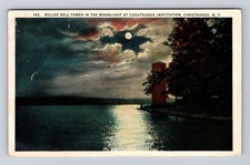 Chautauqua NY-New York, Miller Bell Tower at Night, Vintage c1923 Postcard