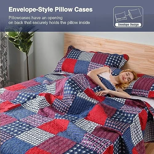  Red Blue Plaid Quilt Set Size Country Patchwork Bedding Full/Queen Blue,red - Image 4 of 4