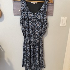 LOFT Women Blue Multicolor  Floral Crew Neck Sleeveless Fit & Flare Knit Dress M