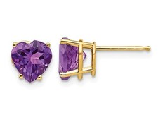 14K Yellow Gold 7mm Solitaire Amethyst Heart Earrings 2.00 Carat ctw