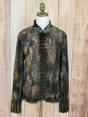 Passion Concept Faux Fur Trim Crinkle Jacket Size L Brown Jeweled Collar