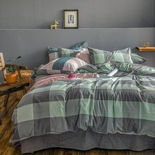 Sage Green Checked 100 Washed Cotton Duvet Cover Twin Set, Buffalo Plaid Lin...