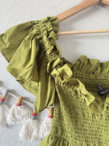 Toccin Flouched Green Smocked Ruffle Midi Dress Cotton Poplin Coquette Feminine - Picture 10 of 10