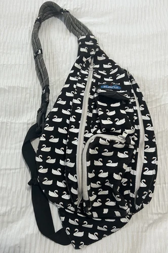 KAVU Swan Love Black White Cotton Rope Sling Bag Backpack