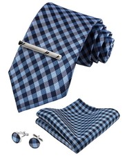 TIE G Stripe Plaid Mens Ties Set in Black Gift Box: Necktie and Pocket Square, C