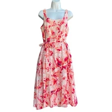 Luxe by Carmen Marc Valvo Floral Dress 14 Pink Jacquard Belted Waist Cocktail