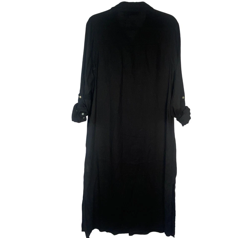 Tahari Black Linen Blend Midi Shirt Dress Roll Tab Sleeve Women's Size L NWT - Image 3 of 4