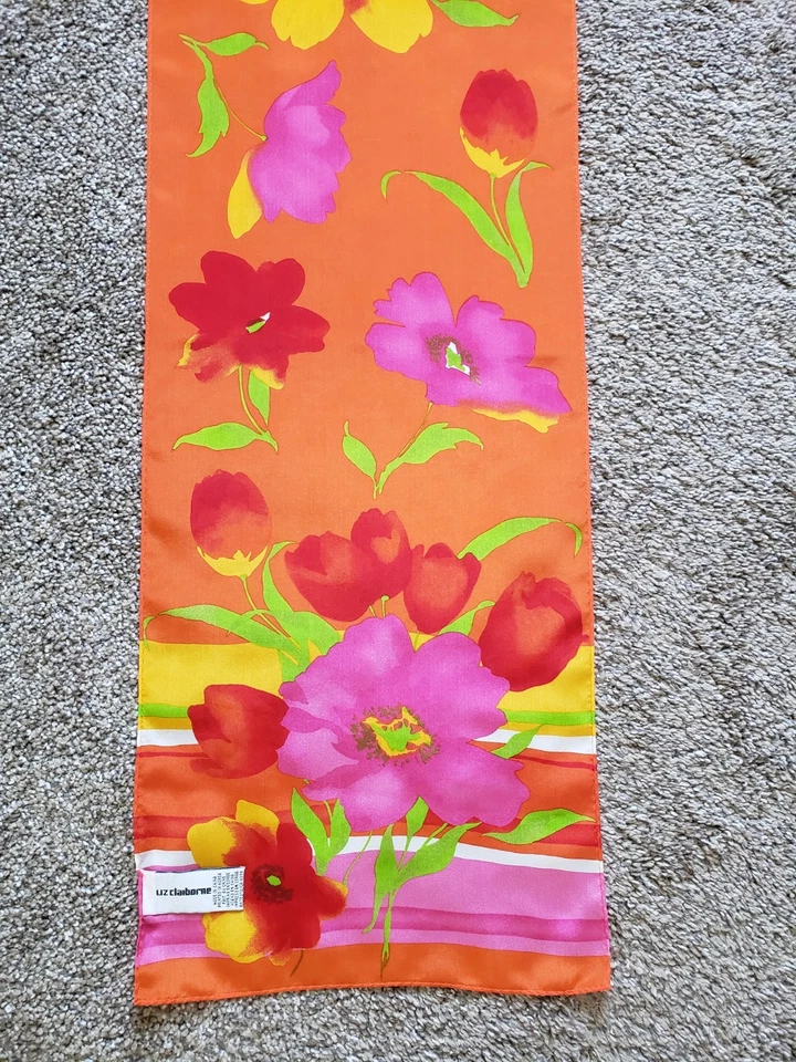 Шарф Liz Claiborne цветочный оранжевый розовый зеленый тропический 100% шелк 50 дюймов x 11 дюймов - Изображение 2 из 4