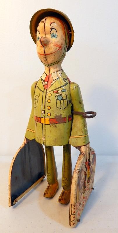 Vtg Tin Litho GI Joe and the K-9 Pups Wind-Up Toy Unique Art Mfg Co c1940s Works