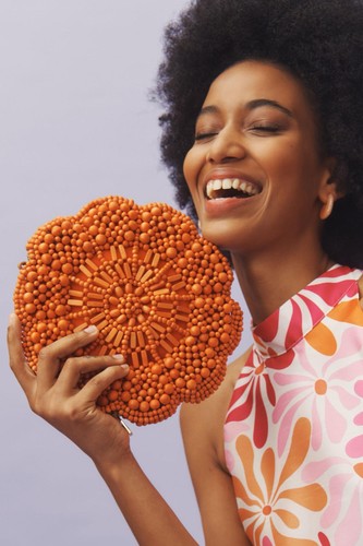 Anthropologie ARANAZ Rosas Orange Round Beaded Shoulder Bag Leather Handle NWT - Picture 3 of 15