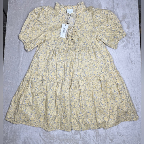 Neu mit Etikett Sundays Eden Celestial Bloom 100 % Baumwolle Blumen Stufen Rüschen Minikleid S - Bild 1 von 16