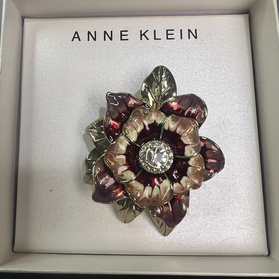 Hermoso Broche Prendedor Flor Estrás Esmalte Tono Dorado Anne Klein NUEVO en Caja Foto 2 de 4