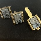 Vtg Cuff Links Tie Bar Set Blue Marbled Opaque Glass Detail Gold Tone — photo 1