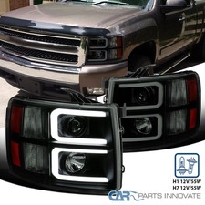Smoke Fits 2007-2014 Chevy Silverado Black Projector Headlights Led Tube Strips