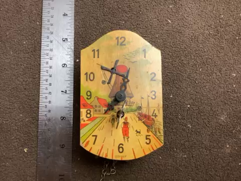 vtg Dutch Windmill Clock 4” tall runs has key missing pendulum windmill turns - Video 1 of 1