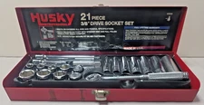 Vintage HUSKY 21pc 3/8" Drive Socket Set ~ Extension ~ Red Metal Box USA ~ NEW