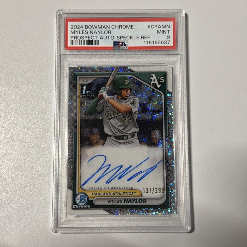 2024 Bowman Chrome Myles Naylor Prospect Auto-Speckle Ref Prospect /299 PSA 9