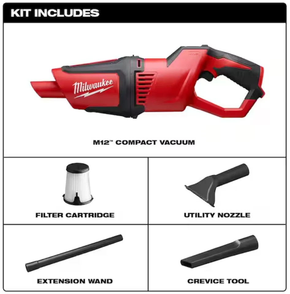 Milwaukee 12 Volt Lithium Ion M12 Cordless Compact 33CFM Dry Vacuum - Tool Only Foto 3 de 4