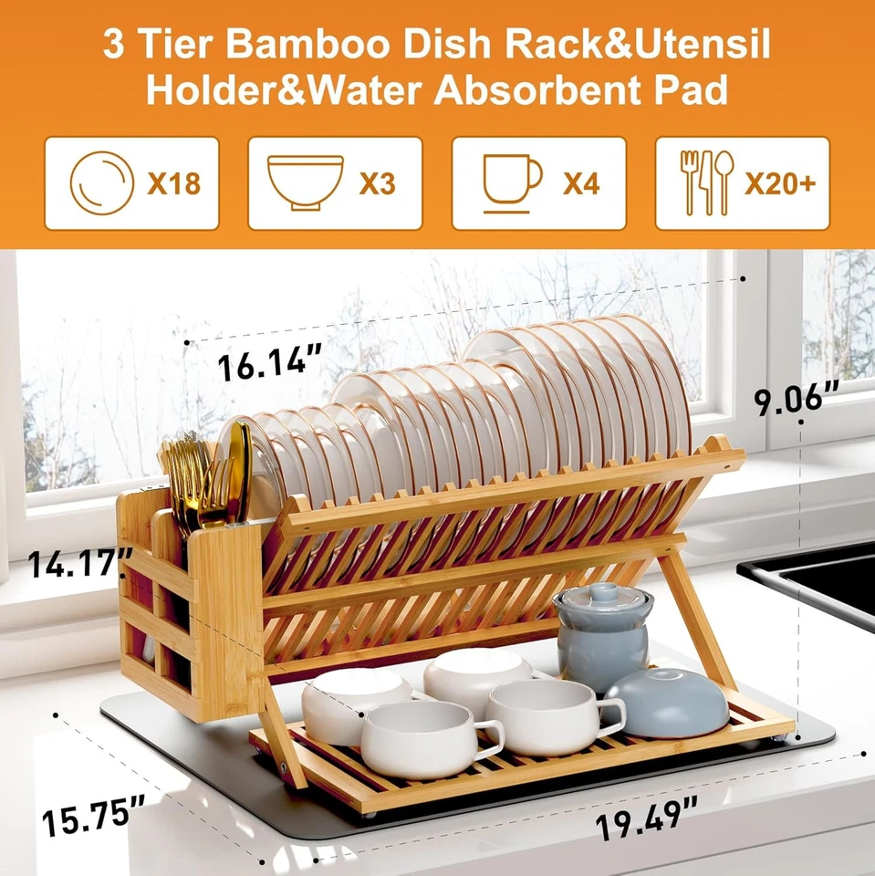  Estante de secado de platos de bambú con soporte para utensilios, estante para platos plegable de 3 niveles, Foto 2 de 4